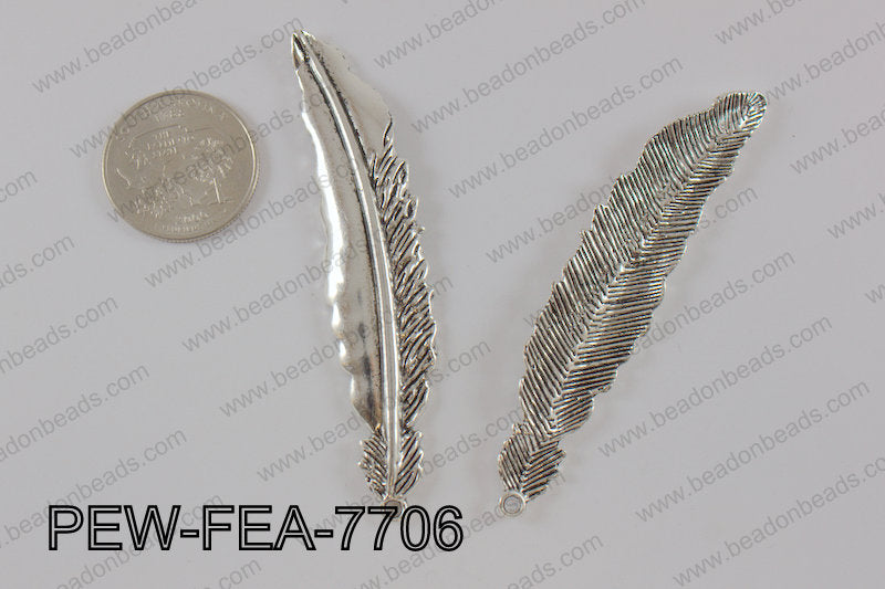 Pewter feather pendant 15x77 mm, silver PEW-FEA-7706