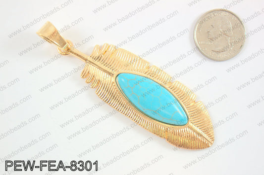 Feather pendant with howlite 80x26mm, KC gold PEW-FEA-8301