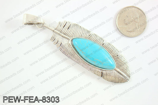 Feather pendant with howlite 80x26mm, Silver PEW-FEA-8303