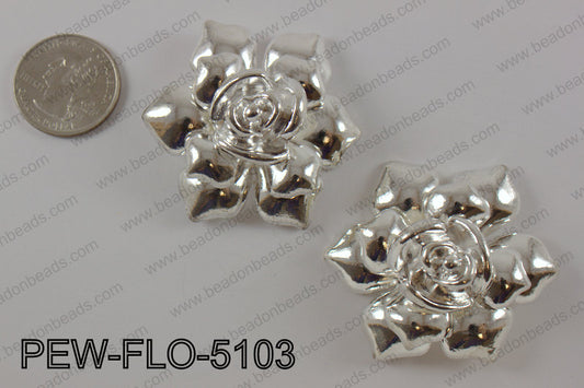 Pewter flower pendant 45x50 mm, bright silver PEW-FLO-5103
