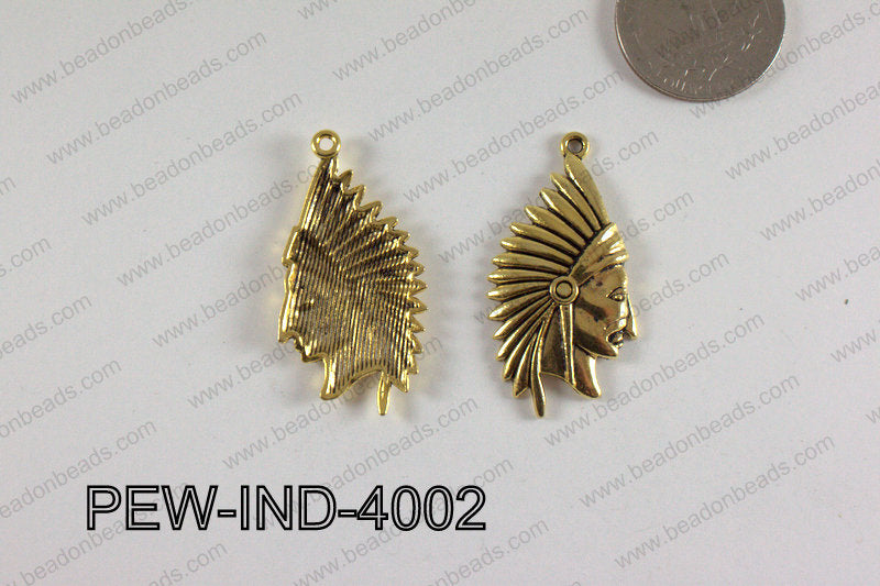 Pewter Indian Head Charm 20x40mm  Gold PEW-IND-4002