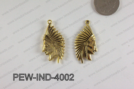 Pewter Indian Head Charm 20x40mm  Gold PEW-IND-4002