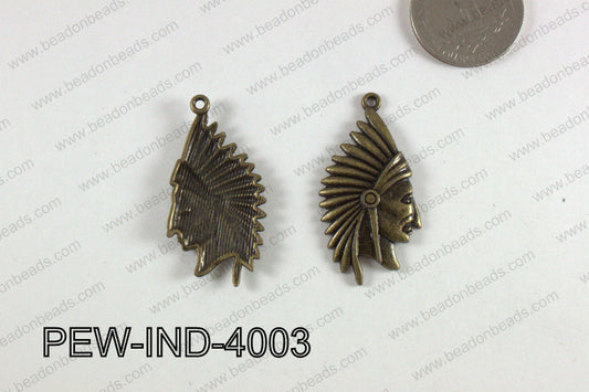 Pewter Indian Head Charm 20x40mm  Bronze PEW-IND-4003