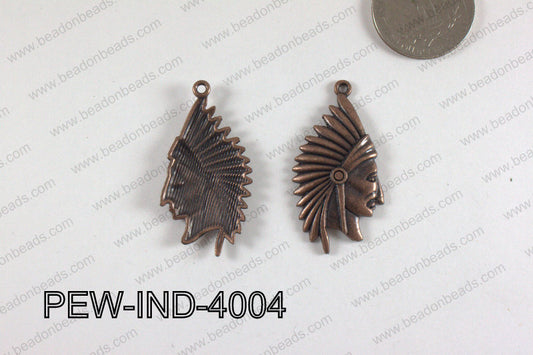Pewter Indian Head Charm 20x40mm  Copper PEW-IND-4004