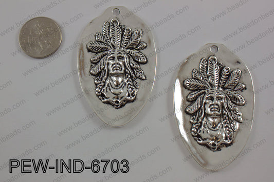 Pewter indian head pendant 67x42mm, silver PEW-IND-6703