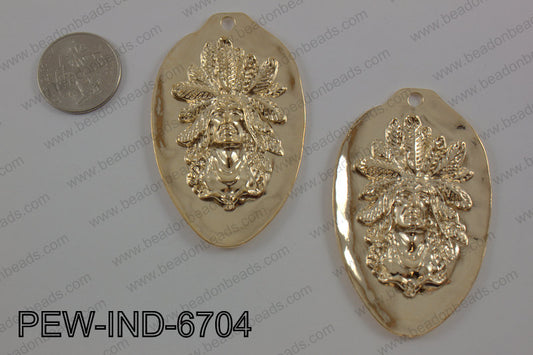 Pewter indian head pendant 67x42mm, light gold PEW-IND-6704