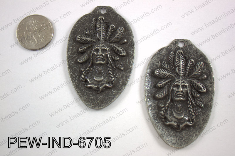 Pewter indian head pendant 67x42mm, gun metal PEW-IND-6705