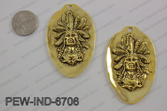 Pewter indian head pendant 67x42mm, gold PEW-IND-6706