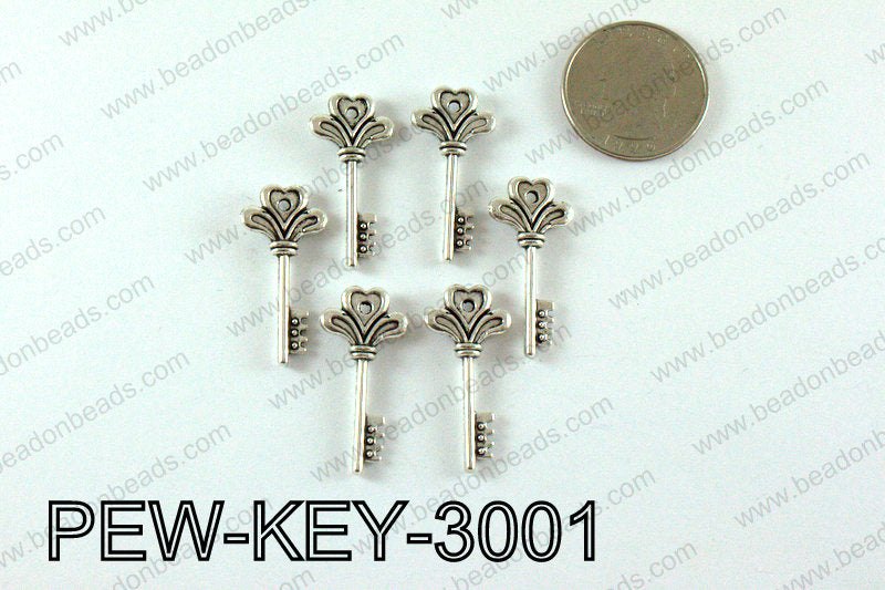 Key charm 30x14mm, Silver PEW-KEY-3001