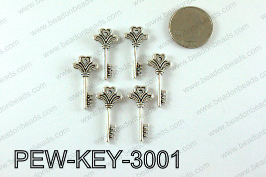 Key charm 30x14mm, Silver PEW-KEY-3001