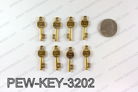 Key charm 32x11mm, Gold PEW-KEY-3202