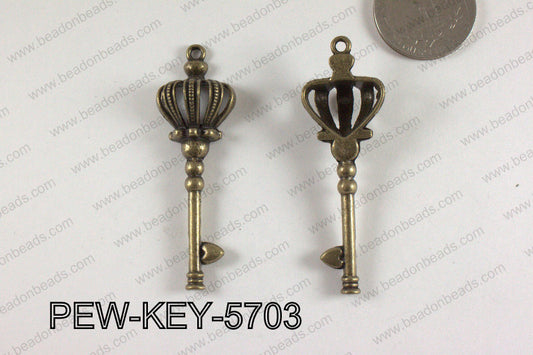 Pewter Crown Key Pendant 18X57mm  Bronze PEW-KEY-5703