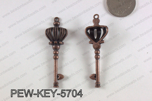 Pewter Crown Key Pendant 18X57mm  Copper PEW-KEY-5704