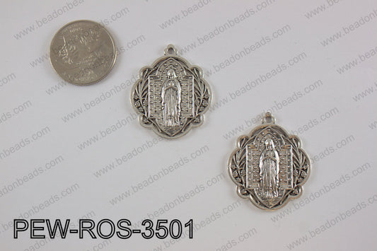 Pewter Mary rosary charm 30x35 mm, anti silverPEW-ROS-3501