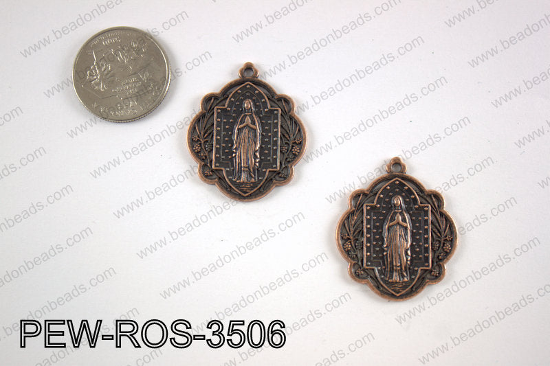 Pewter Mary rosary charm 30x35 mm, copperPEW-ROS-3506