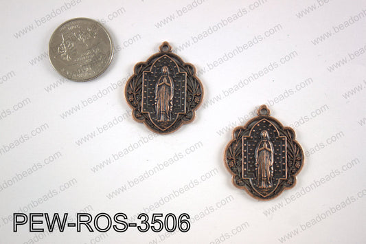 Pewter Mary rosary charm 30x35 mm, copperPEW-ROS-3506