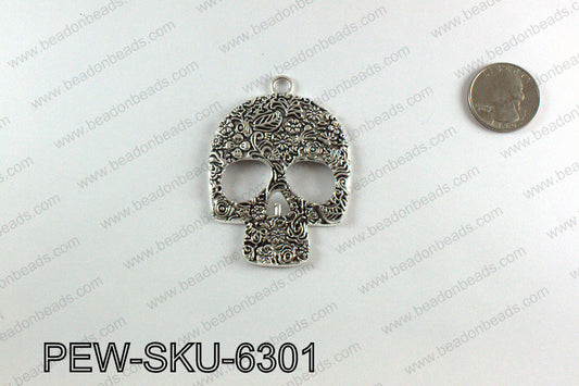 Pewter large skull pendants 63x45mm, Silver PEW-SKU-6301