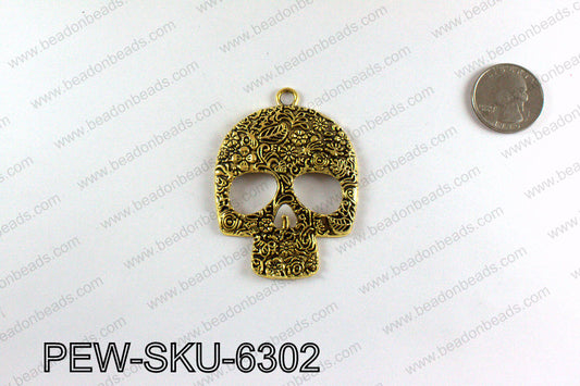 Pewter large skull pendants 63x45mm, Gold PEW-SKU-6302