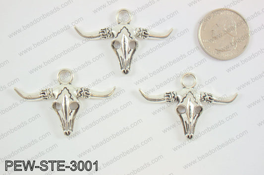 Steer head charms 30x45mm, silver PEW-STE-3001