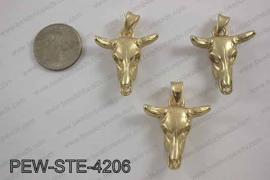 Pewter steer head pendant 30x42mm, matte goldPEW-STE-4206