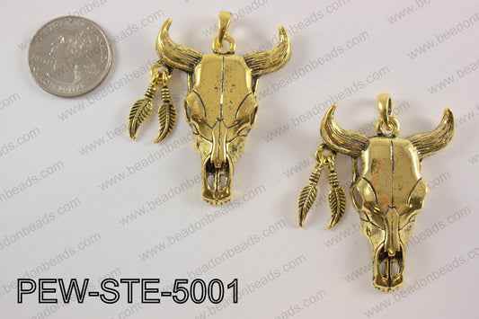 Pewter steer head pendant 40x50 mm, gold PEW-STE-5001