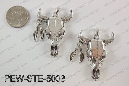 Pewter steer head pendant 40x50 mm, anti silver PEW-STE-5003