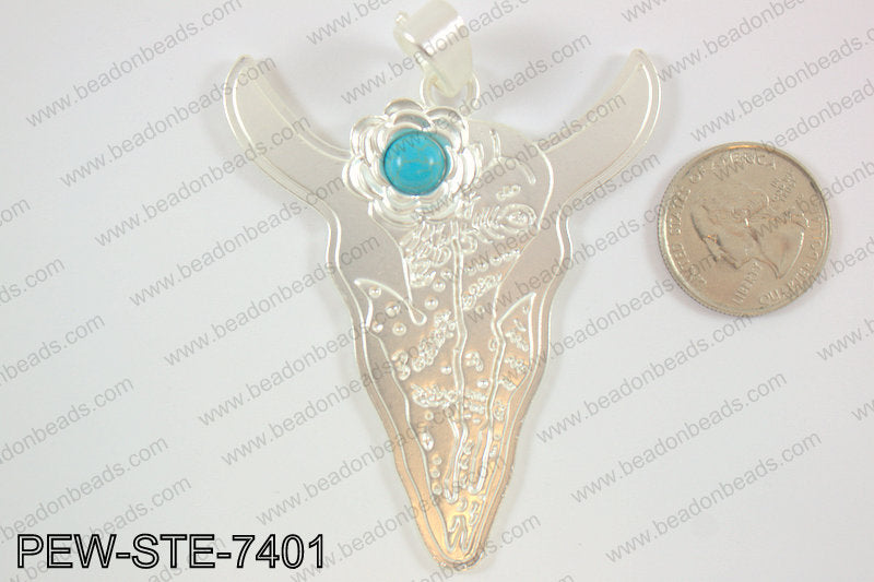 Steer head pendant w/ howlite 70x60mm, matte silver PEW-STE-7401