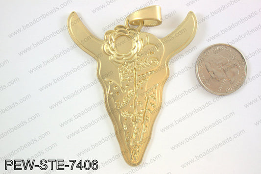 Steer head pendant w/ howlite 70x60mm, matte gold PEW-STE-7406