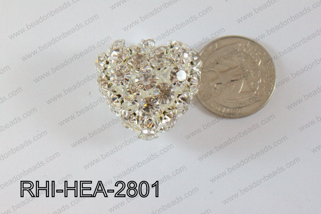 Rhinestone Balls Heart Pendants 28x26mm silver RHI-HEA-2801