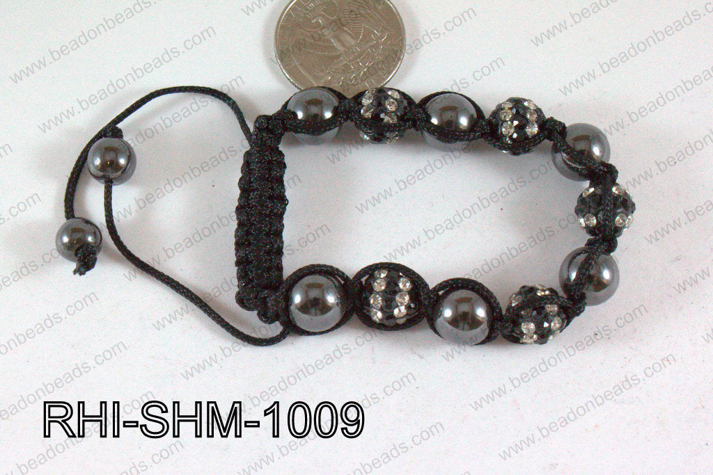 Rhinestone Shamballa Bracelet Black and Clear 10mm RHI-SHM-1009