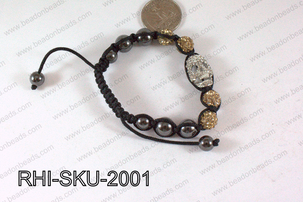 Rhinestone Shamballa Bracelet Skull Champagne 20x14mm RHI-SKU-20