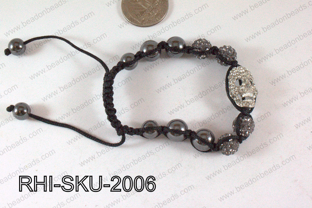 Rhinestone Shamballa Bracelet Skull Grey 20x14mm RHI-SKU-2006