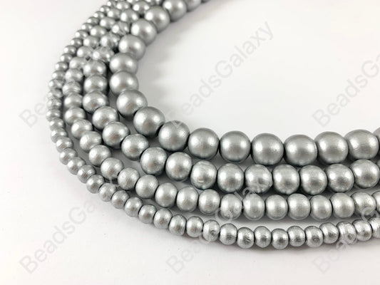 Silver Coated Wood Beads Round Smooth Natural Beads 15"-16"