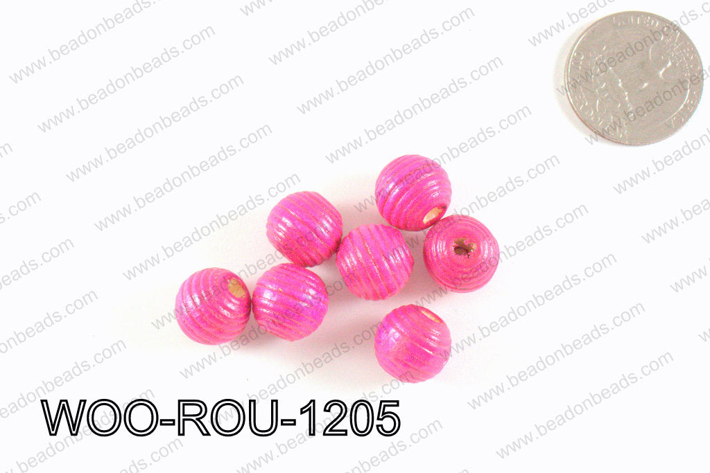 Woven Round Wood Beads Hot Pink 12mm WOO-ROU-1205