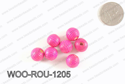 Woven Round Wood Beads Hot Pink 12mm WOO-ROU-1205