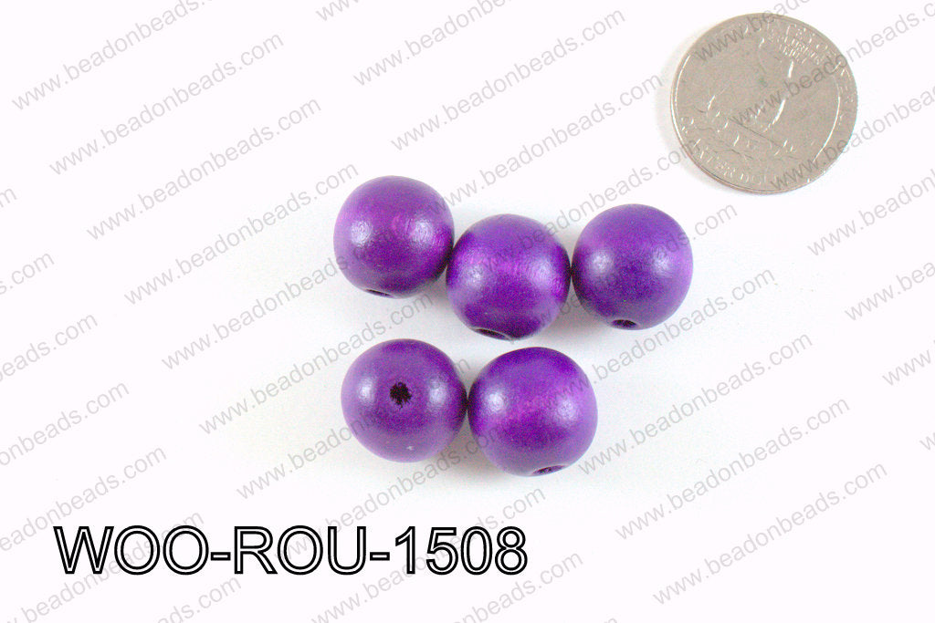 Round Wood Beads Purple 15mm WOO-ROU-1508