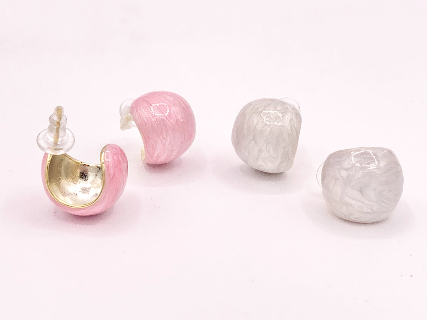 High Polished Acetate Pink White Shell Feel Earring Huggies in 18K Gold plated Copper 3 pairs