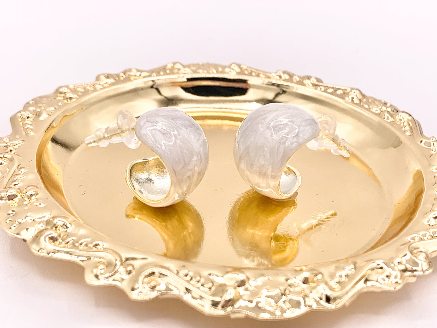 High Polished Acetate Pink White Shell Feel Earring Huggies in 18K Gold plated Copper 3 pairs