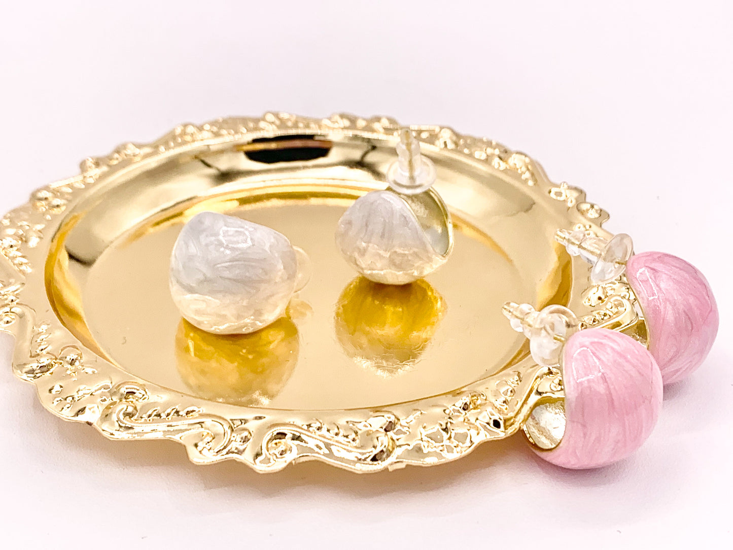 High Polished Acetate Pink White Shell Feel Earring Huggies in 18K Gold plated Copper 3 pairs