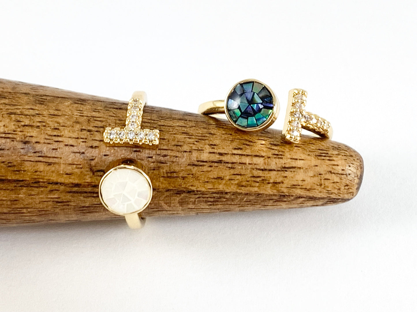 Abalone Shell T shaped Pink White Shell Adjustable Open Front Ring in 18K Real Gold Plated Copper 5 pcs