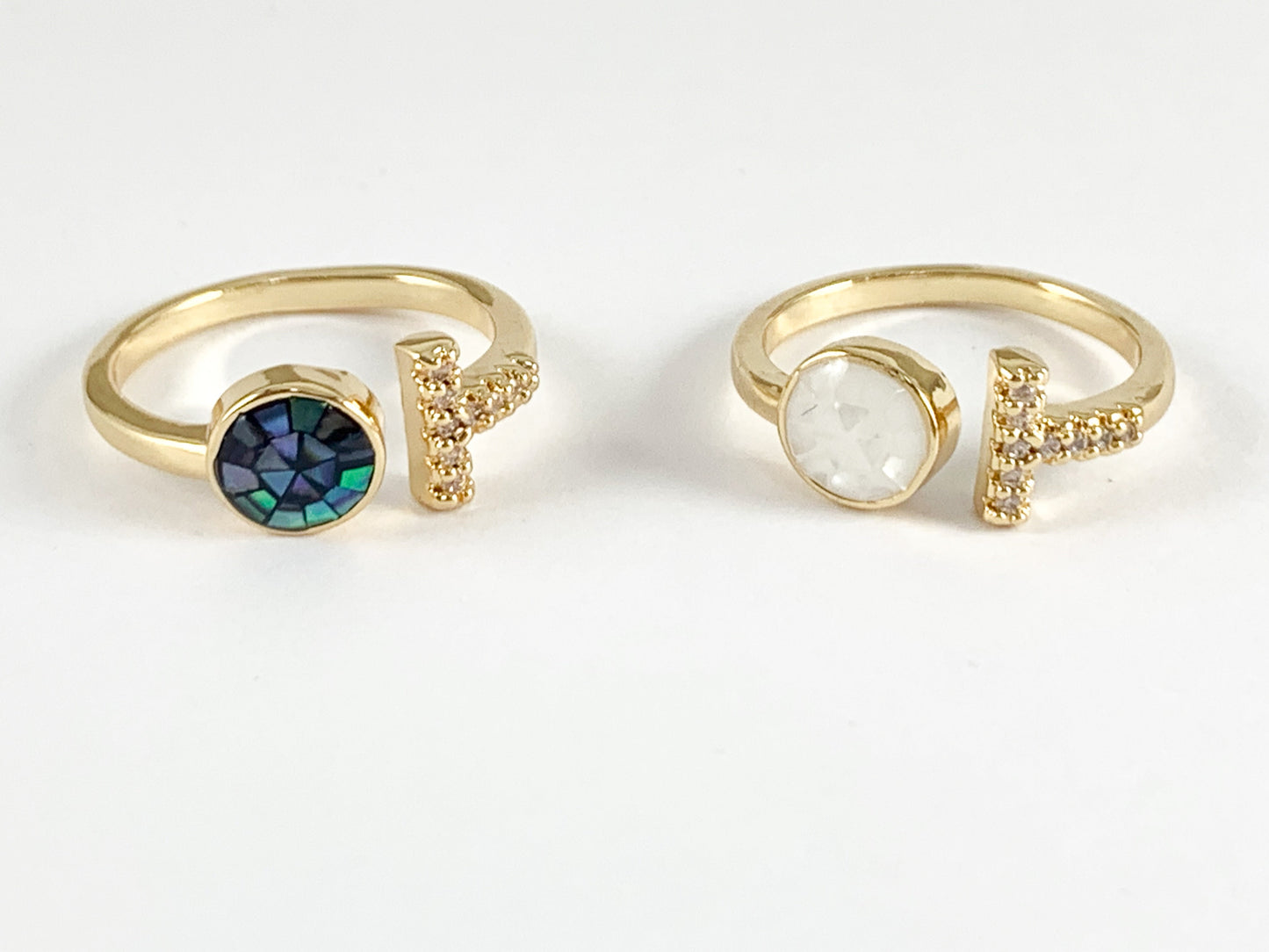 Abalone Shell T shaped Pink White Shell Adjustable Open Front Ring in 18K Real Gold Plated Copper 5 pcs