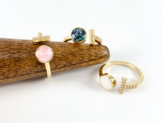 Abalone Shell T shaped Pink White Shell Adjustable Open Front Ring in 18K Real Gold Plated Copper 5 pcs