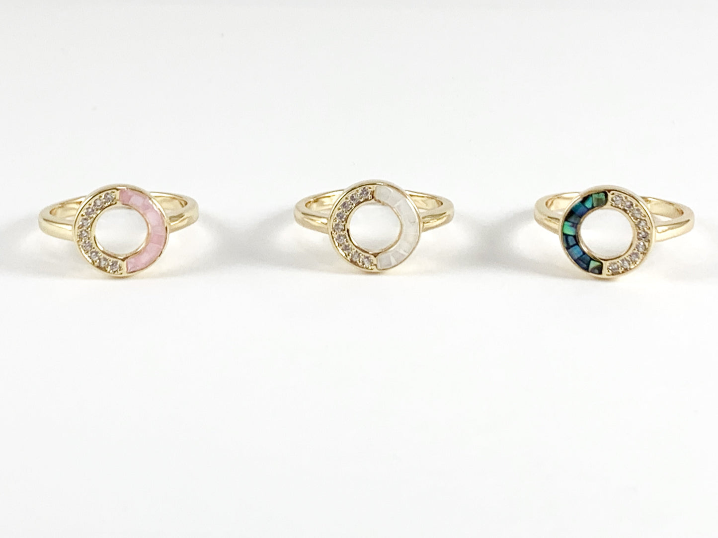Abalone Shell Circle Ring Pink White Shell Adjustable Open Front Ring in 18K Real Gold Plated Copper 5pcs