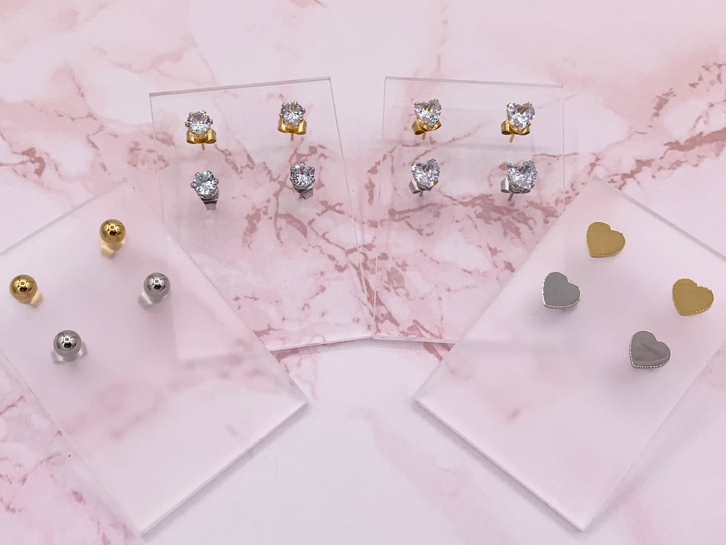 Stainless Steel Heart Round Solitaire Earring Studs in 18K Gold/Silver plated Stainless Steel 5 pairs