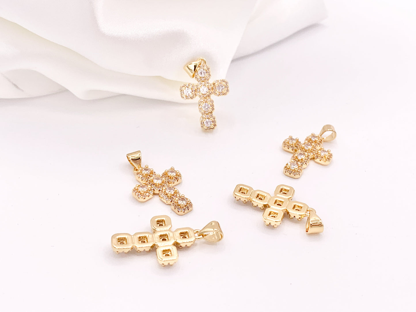 Whimsical Gold Cross Pendants with Beautiful CZ Pave in 18K Gold Silver plated Copper 5 pcs
