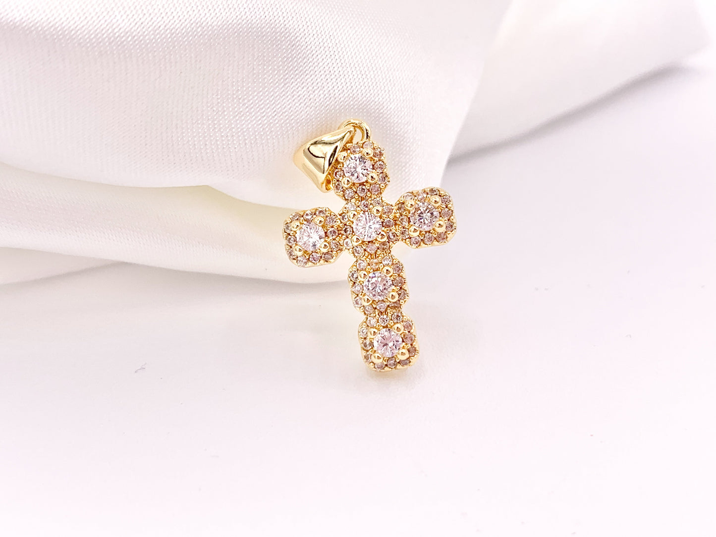 Whimsical Gold Cross Pendants with Beautiful CZ Pave in 18K Gold Silver plated Copper 5 pcs