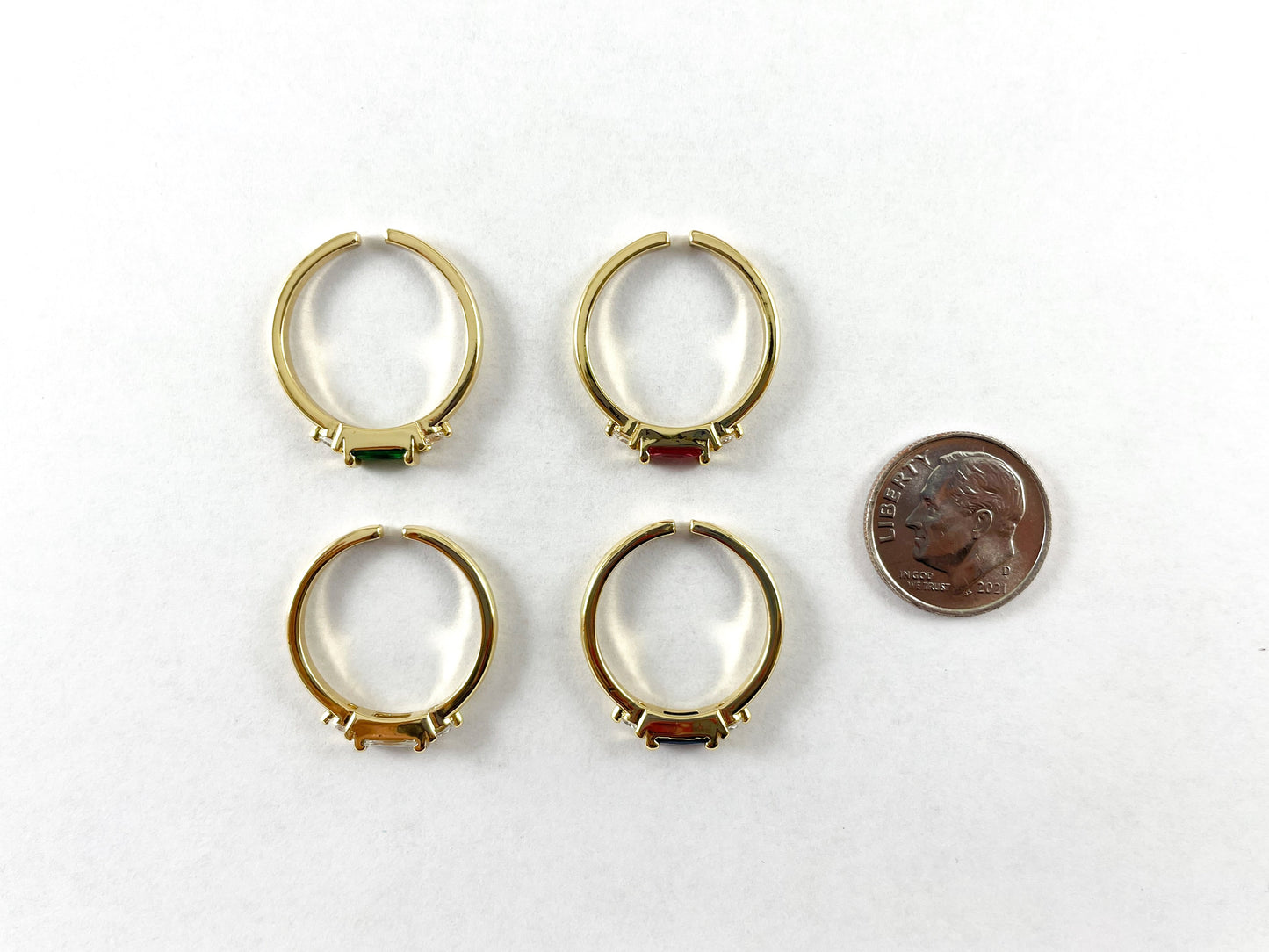 18K Gold Plated CZ Pave Baguette Dainty Adjustable Rings Over Copper 6pcs