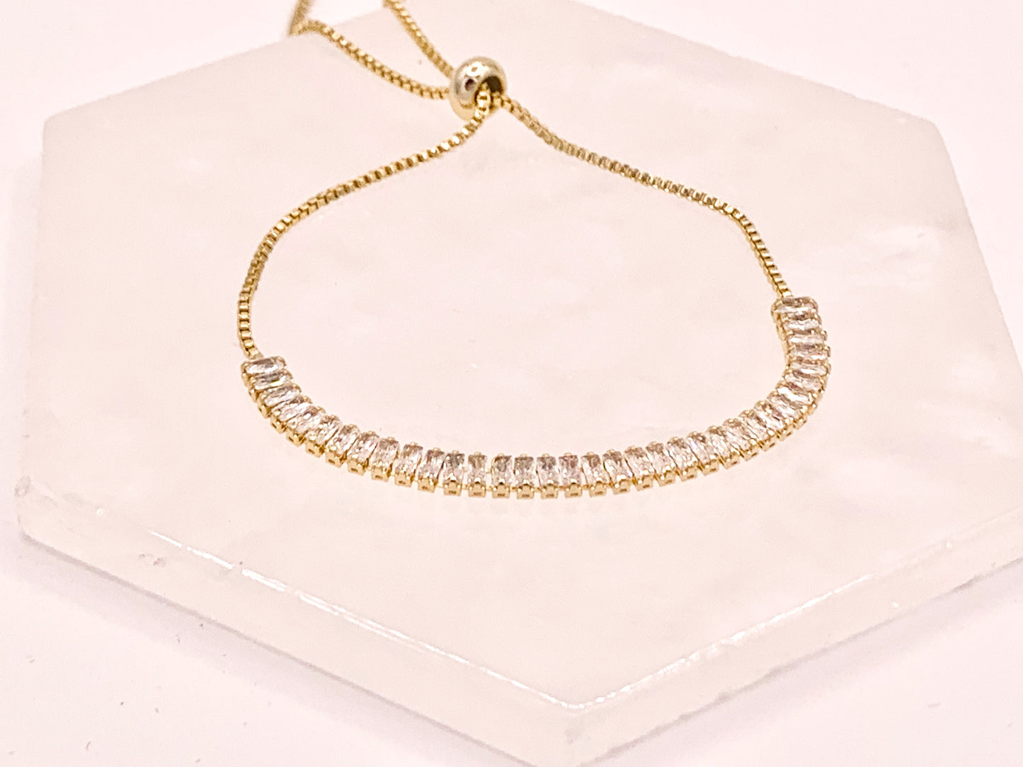 Dainty Baguette Cut CZ Pave Rhinestone Box Chain Dainty Slide Adjustable Bracelets 4 pcs