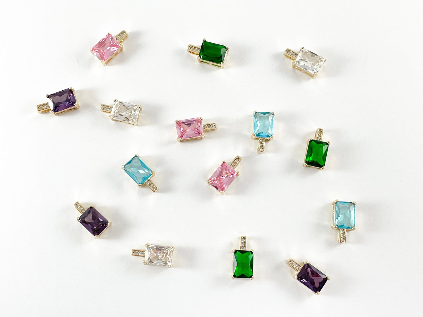 18K Gold Plated CZ Pave Purple Green Clear Pink Blue Rectangle Mini Tiny Baguette Rhinestone Charms Over Copper 6pcs