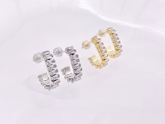 Trendsetting Unique Curve Link CZ Pave Baguette Hoop Earrings in 18K Gold or Silver Plated Copper 4 pairs